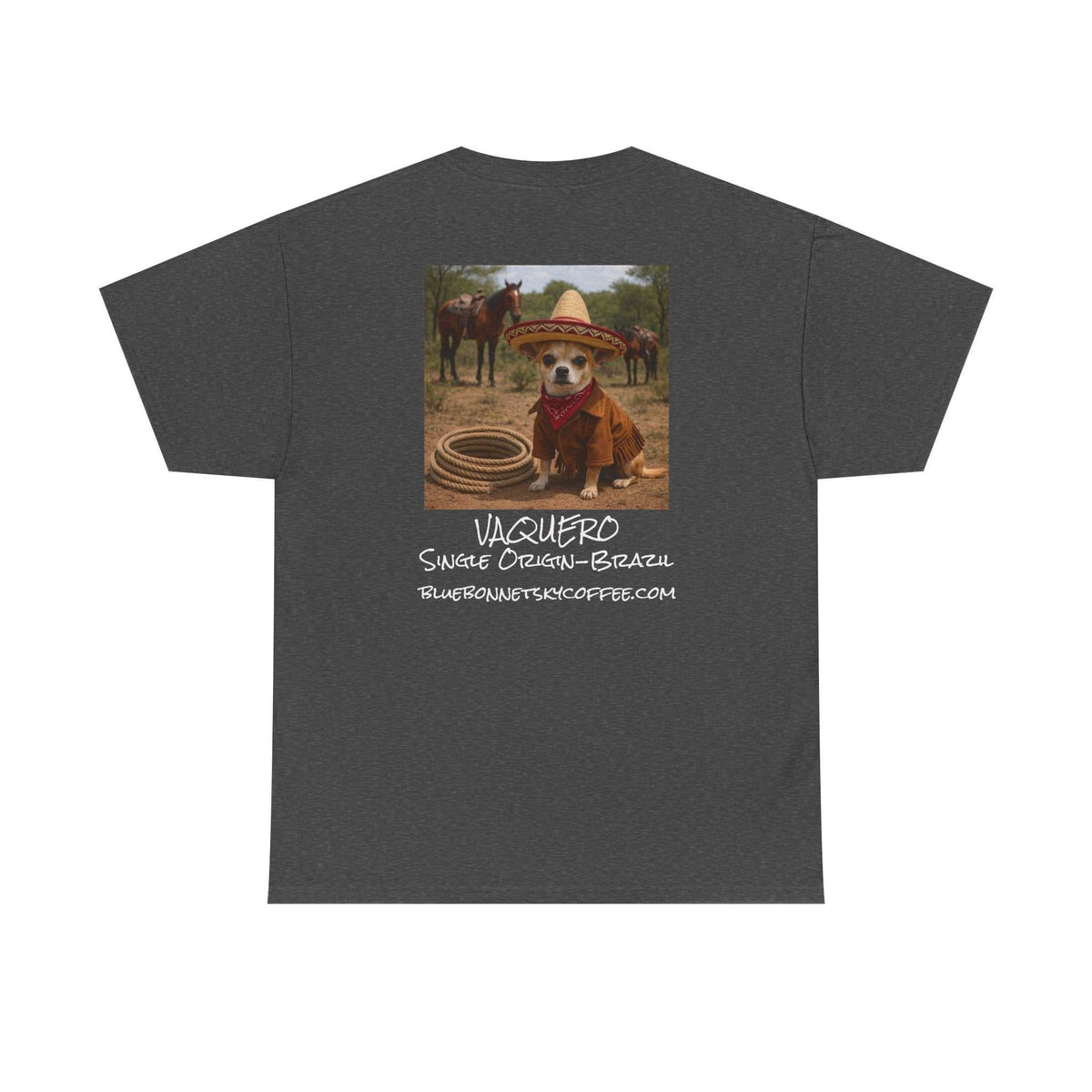 Vaquero Single Origin Tee Retro Bluebonnet Sky Coffee graphic t-shirt with vintage vaquero and Texas brush country design
