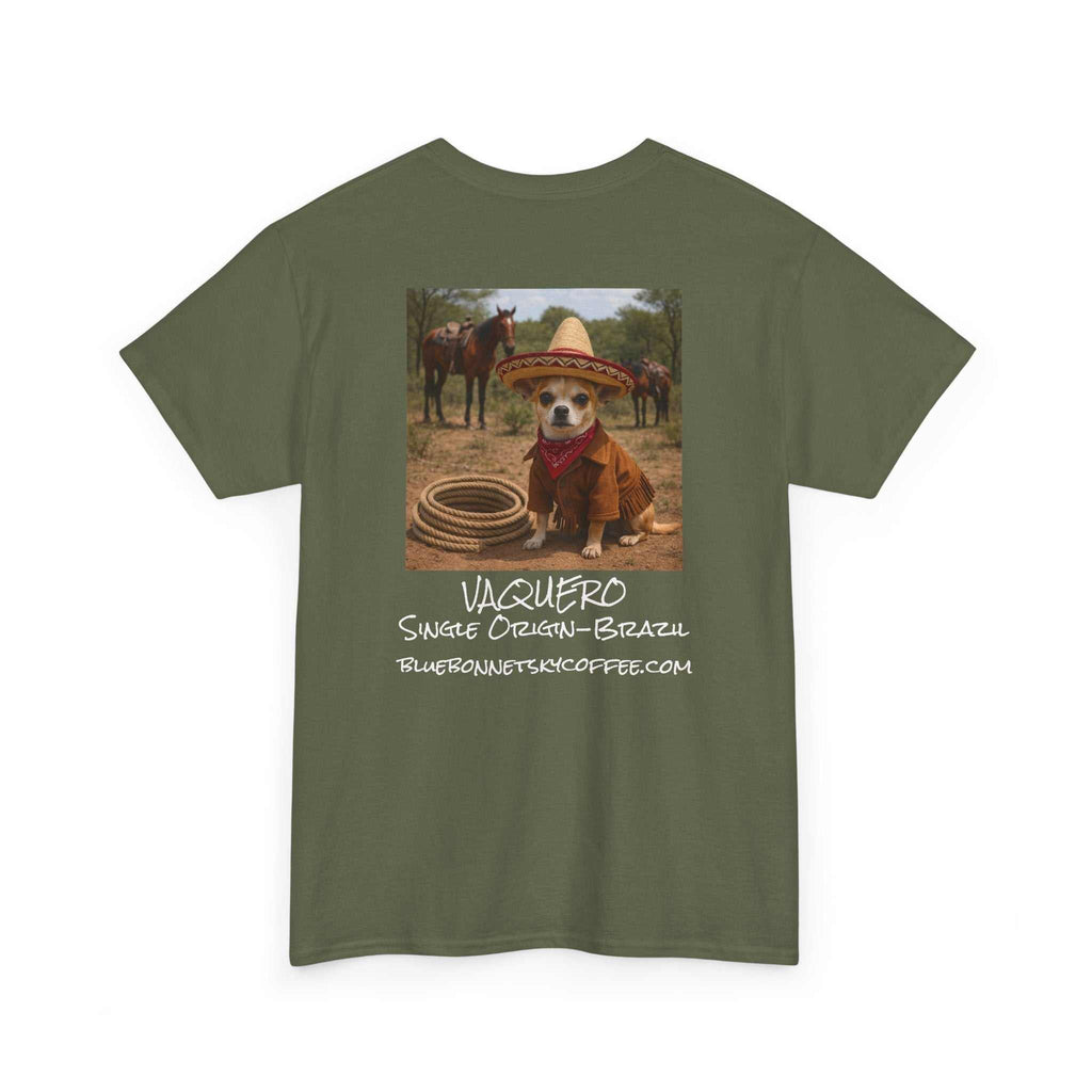Vaquero Single Origin Tee Retro Bluebonnet Sky Coffee graphic on soft blue cotton t-shirt