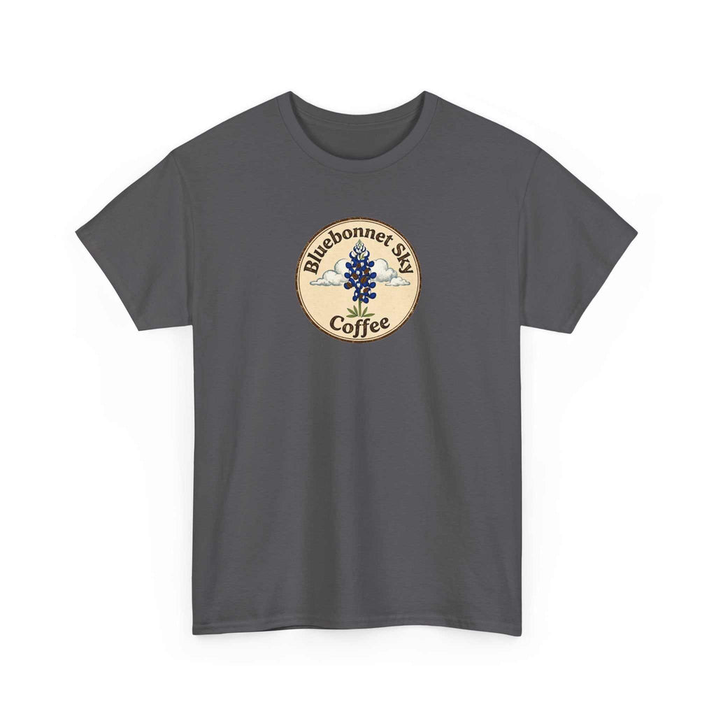Vaquero Single Origin Tee Retro Bluebonnet Sky Coffee graphic cotton t-shirt front and back designs