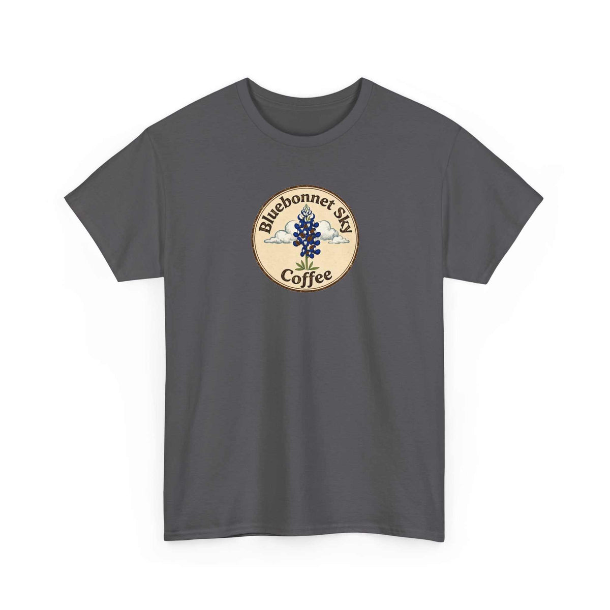 Vaquero Single Origin Tee Retro Bluebonnet Sky Coffee graphic cotton t-shirt front and back designs