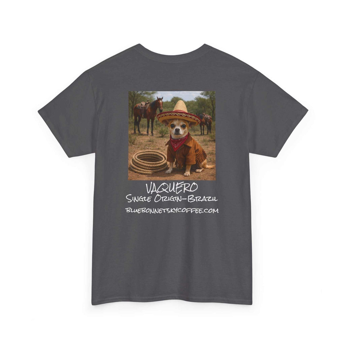 Vaquero Single Origin Tee retro Bluebonnet Sky coffee graphic t-shirt with vaquero and Texas brush artwork
