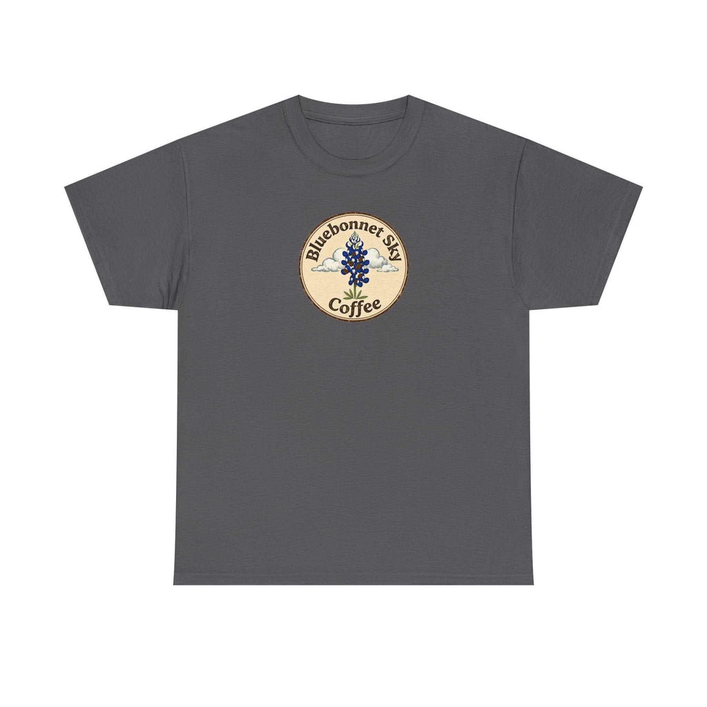 Vaquero Single Origin Tee Retro Bluebonnet Sky Coffee graphic t-shirt with vaquero design and vintage coffee badge