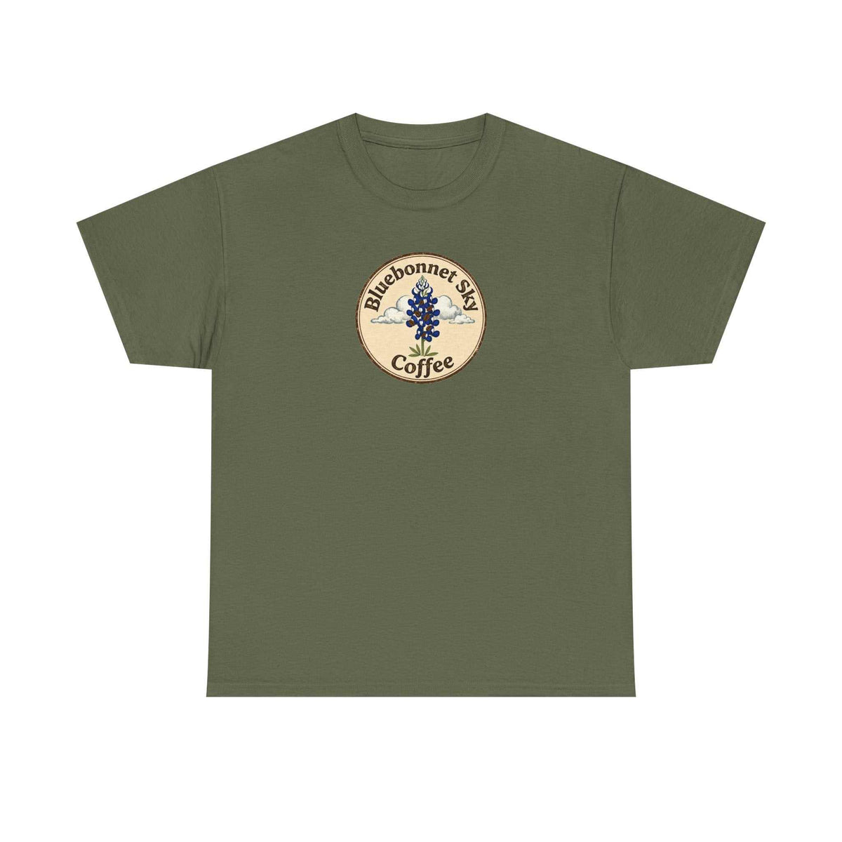 Vaquero Single Origin Tee Retro Bluebonnet Sky Coffee Graphic T-Shirt in soft blue with vintage coffee badge and vaquero design