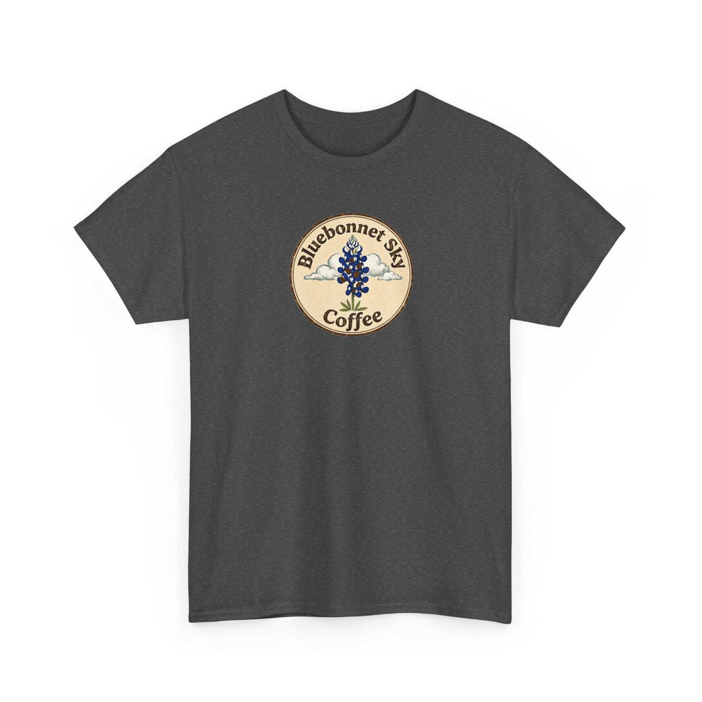 Vaquero Single Origin Tee Retro Bluebonnet Sky Coffee graphic cotton t-shirt with vaquero design and Texas brush country background
