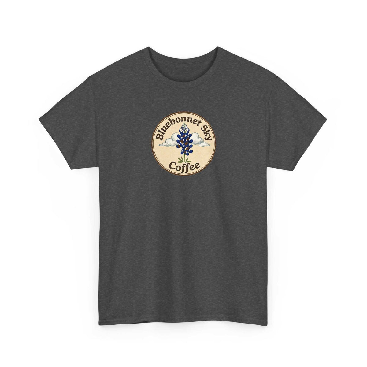 Vaquero Single Origin Tee Retro Bluebonnet Sky Coffee graphic cotton t-shirt with vaquero design and Texas brush country background