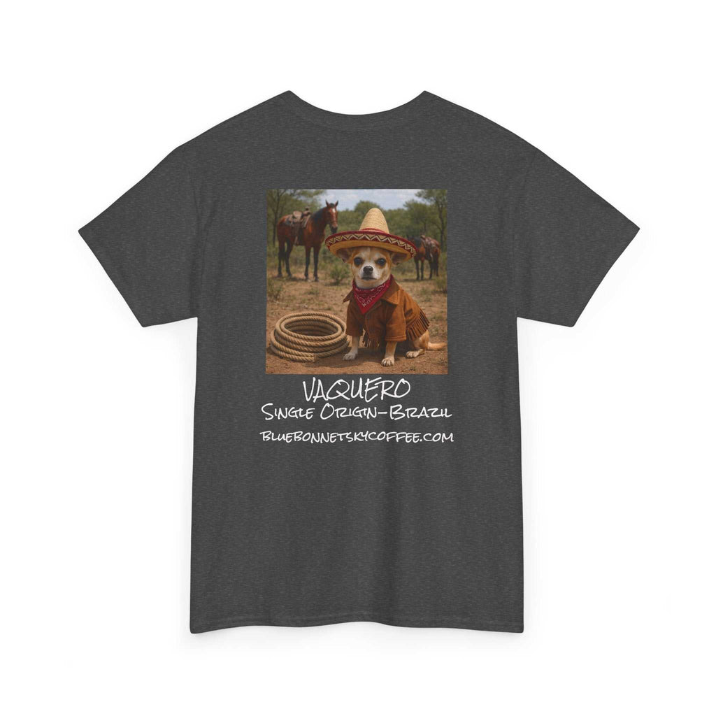 Vaquero Single Origin Tee Retro Bluebonnet Sky coffee graphic t-shirt with vintage vaquero design
