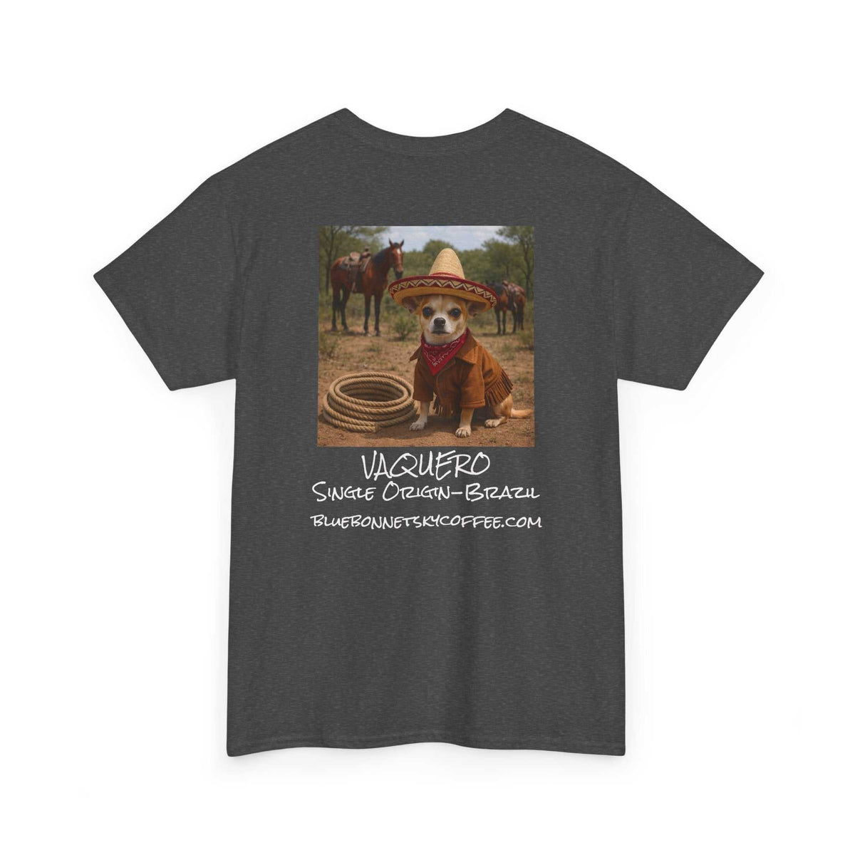 Vaquero Single Origin Tee Retro Bluebonnet Sky coffee graphic t-shirt with vintage vaquero design