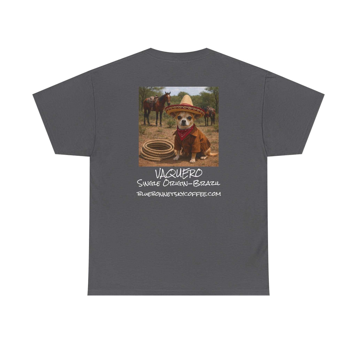 Vaquero Single Origin Tee Retro Bluebonnet Sky Coffee graphic t-shirt front and back design